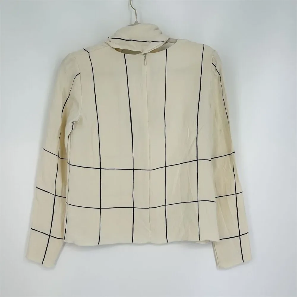 Tory Burch Window Pane Check Silk Windsor Tie Ivory Long Sleeve Blouse, S/6